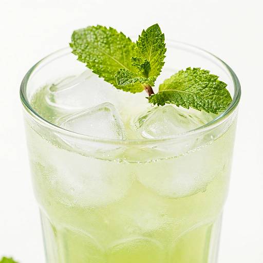 Photograph of a clear glass filled with a light yellow, frosty beverage, topped with two fresh green mint leaves.
