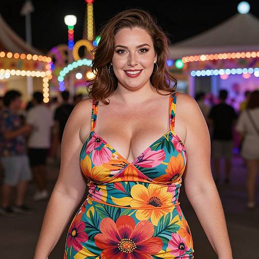 Photograph of a smiling plus-sized woman with fair skin, brown hair, wearing a vibrant floral dress, standing at a nighttime fair with colorful string lights