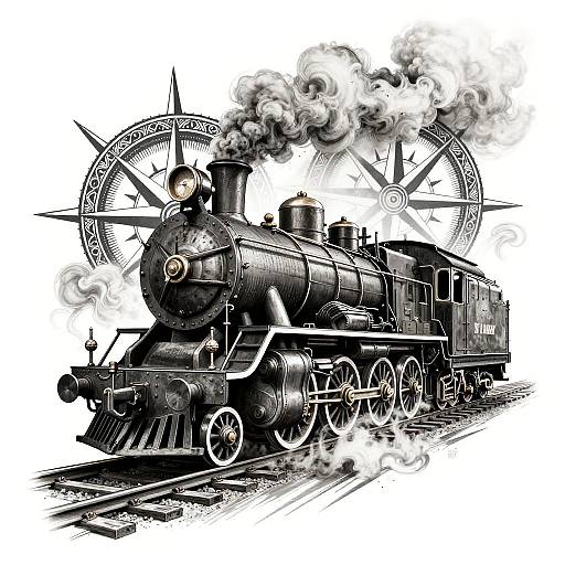 Black and white digital drawing of a steam locomotive with smoke, large wheels, and a compass in the background.