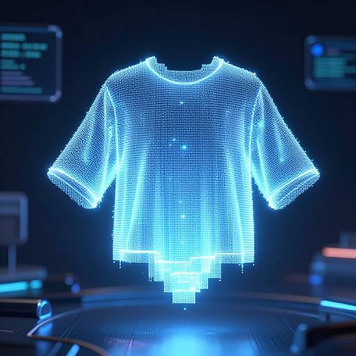 Digital artwork of a glowing blue LED mesh shirt, floating in a dark, futuristic lab setting with glowing control panels.