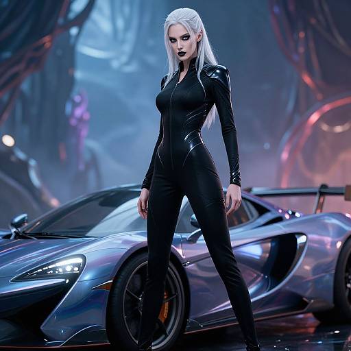 Digital art: White-haired woman in black leather catsuit stands confidently in front of a sleek, metallic blue sports car in a futuristic, neon-lit
