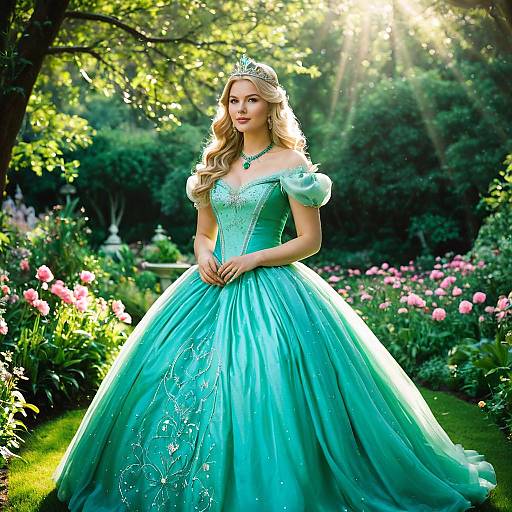 Woman in Green Princess Dress in Garden