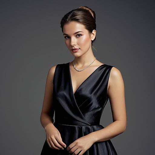 Elegant Young Woman in Black Satin Dress