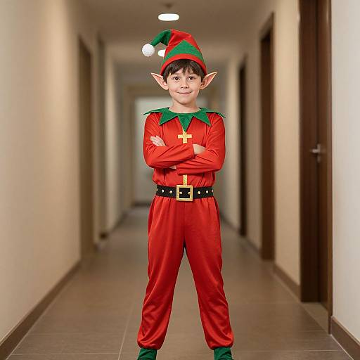 Photograph of a young boy with elf costume, red outfit, green collar, black belt, crossed arms, pointy ears, smiling, standing in
