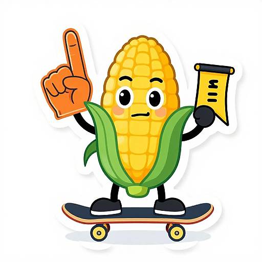 Cartoon corn character with yellow ear, green leaves, black arms, and legs, holding index finger up and a measuring tape, skateboarding.