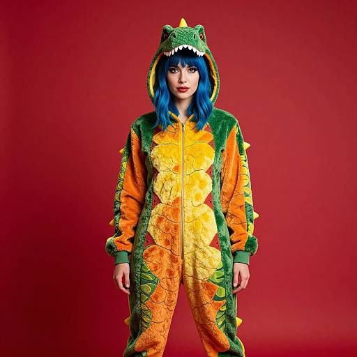 Photograph of a woman with blue hair in a bright green and orange dinosaur onesie with a hood and spikes, standing against a solid red background.