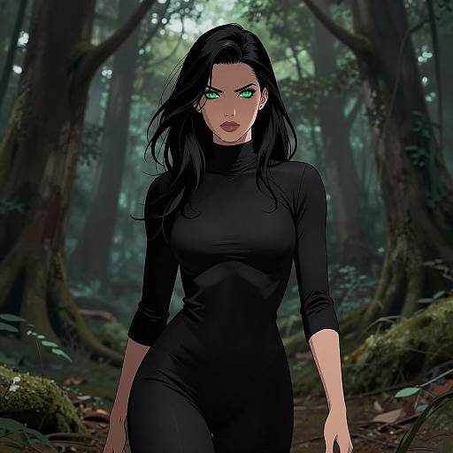 Confident Woman in Black Outfit in Forest