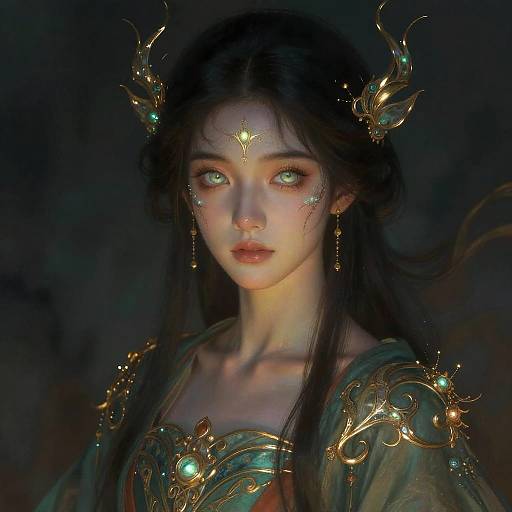 Digital art of a mystical, ethereal woman with glowing green eyes, dark hair, and golden, ornate headpieces and jewelry, set against a