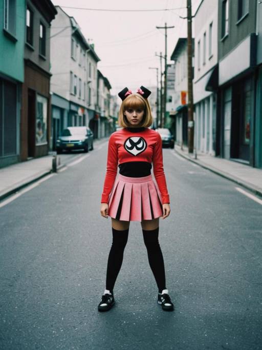 Woman in Powerpuff Girl Costume on Street