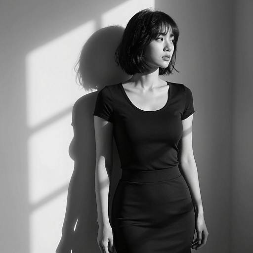 Woman in Black Dress with Dramatic Shadows