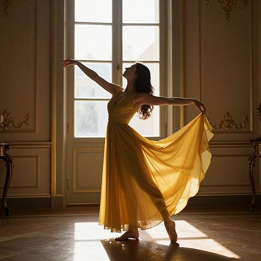 Silhouetted woman in flowing yellow dress, arms extended, standing in sunlit elegant room, holding dress's hem, backlighting creates dramatic effect