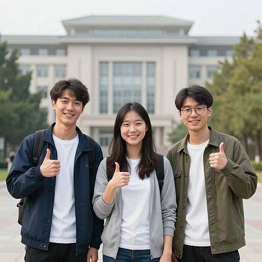 Photograph of three Asian young adults, smiling, giving thumbs up, standing in front of a modern university building. Casual attire, overcast day.