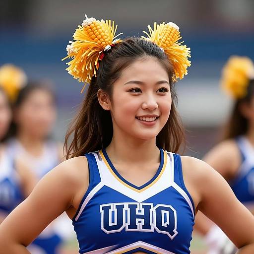 Photograph of a smiling Asian female cheerleader with yellow pom-poms, wearing a blue and white 