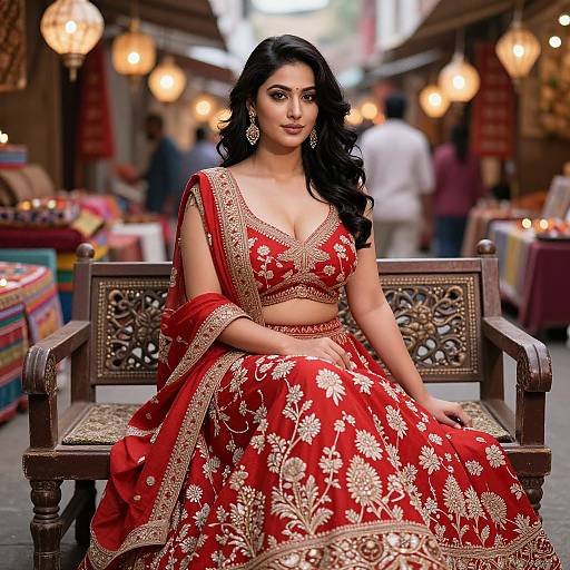 Photograph of a beautiful Indian woman with long black hair, wearing a red floral embroidered traditional saree and matching bralette, sitting on an ornate
