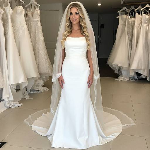 Photograph of a blonde woman with long wavy hair, wearing a white strapless wedding dress and veil, standing in a bridal boutique with multiple white