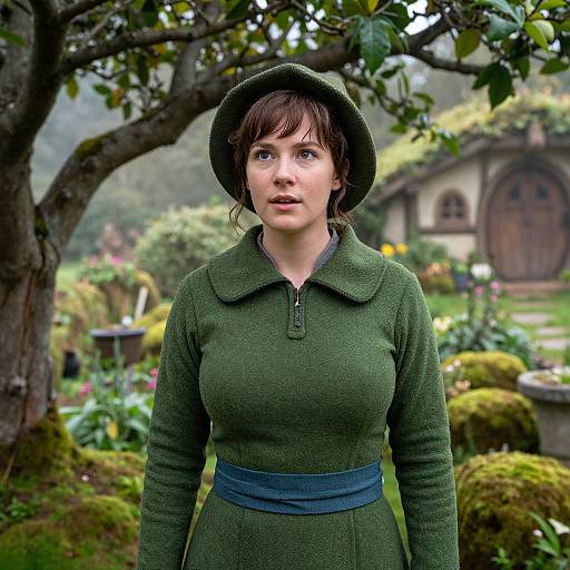 Photograph of a young woman with fair skin, brown hair, and green eyes, wearing a green, button-up dress and hat, standing in a
