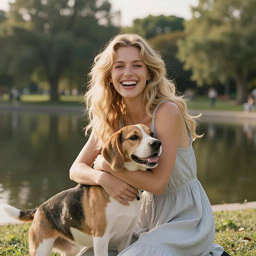 Blonde Woman Joyfully Embracing Her Beagle
