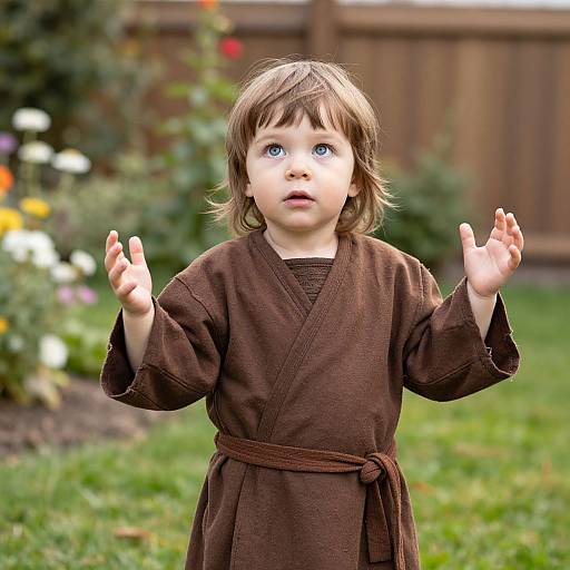 Photograph of a young boy with blue eyes, brown hair, and fair skin, wearing a brown robe, standing in a grassy garden with blurred