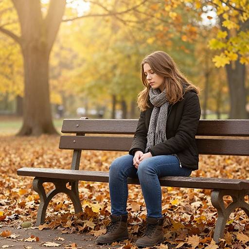 Photograph of a young woman with brown hair, wearing a black jacket, gray scarf, blue jeans, and brown boots, sitting on a wooden bench