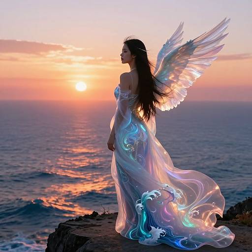 Digital artwork: Silhouetted angel with long hair and glowing, iridescent wings stands on rocky shoreline, ocean at sunset, wearing ethereal