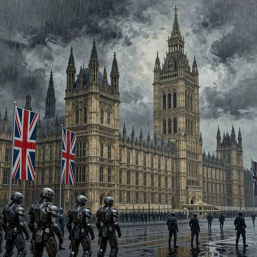 Photograph-style digital art of rain-soaked Westminster Palace with British flags, soldiers in black gear standing in foreground, dark cloudy sky.