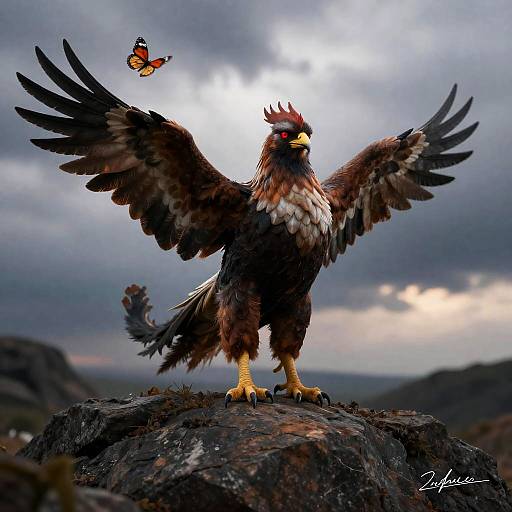 Majestic Griffin with Butterfly on Rocky Terrain