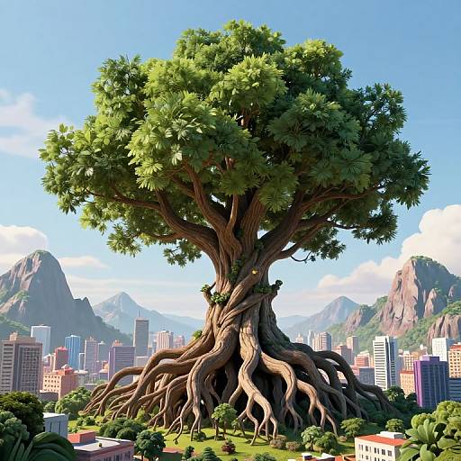 Digital artwork of a colossal, twisted tree with sprawling roots, set against a vibrant cityscape and mountainous background under a clear blue sky.
