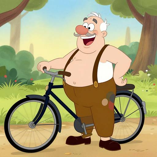 Cartoon image of a happy, bald, chubby man with a large nose, white tank top, brown suspenders, and pants, standing next to