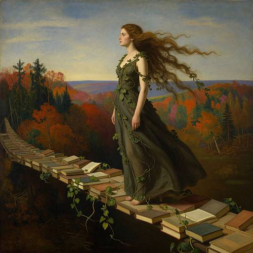 A fair-skinned woman with long, wavy brown hair in a dark, vine-covered dress stands on a book-filled bridge, overlooking a vibrant autumn