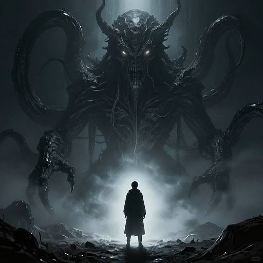 Digital artwork: Silhouetted figure in dark cloak stands facing massive, terrifying, tentacled monster with glowing eyes in a misty, blue
