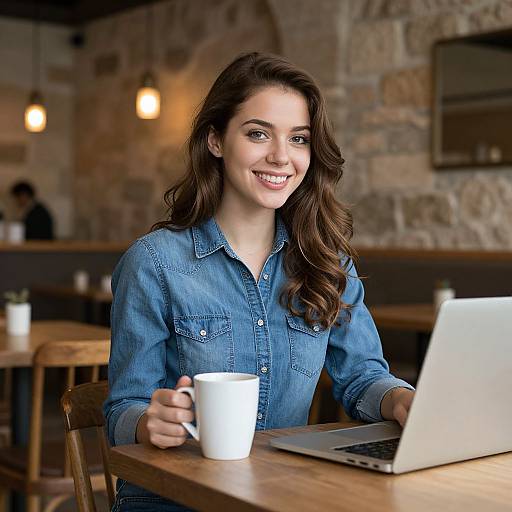Photograph of a smiling young woman with long brown hair, wearing a blue denim shirt, sitting at a wooden table in a cozy stone-walled café