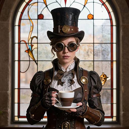 Steampunk Woman with Coffee and Stained Glass