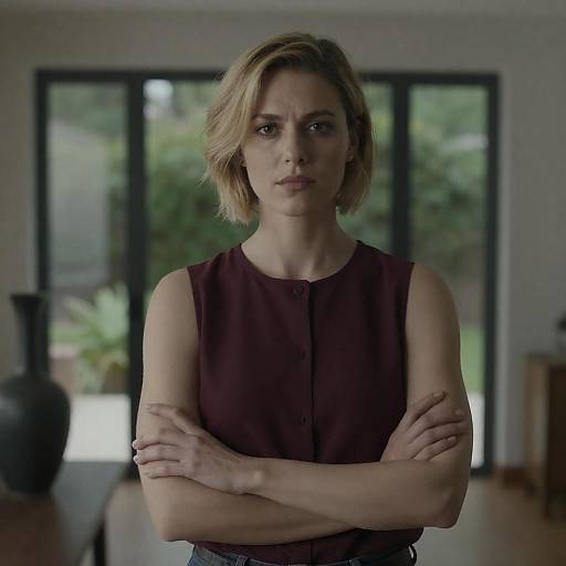 Serious Woman in Dimly Lit Room