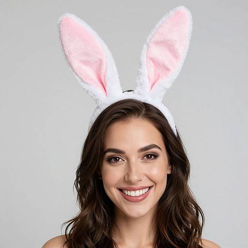 Photograph of a smiling young woman with long dark brown hair, wearing white fuzzy bunny ears with pink interiors, against a plain light blue background.