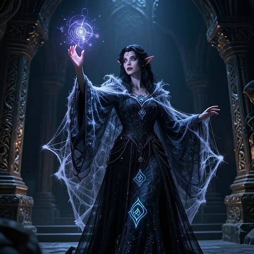 Digital fantasy art: Elven sorceress in black, sparkling dress with web-like sleeves, holding glowing blue magic orb, in dark, ornate