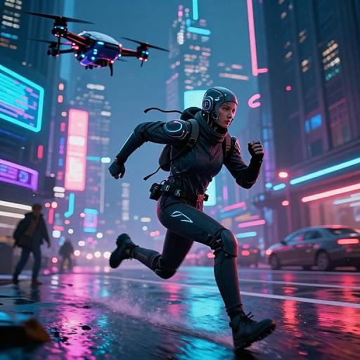 CGI image of a cyberpunk-style runner in dark tactical gear with headphones, sprinting through a neon-lit, rainy city street with a drone