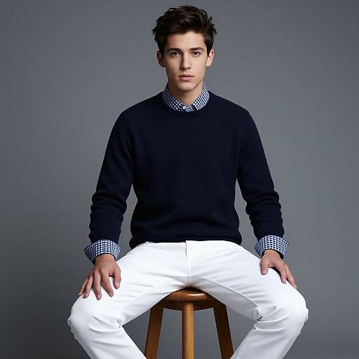 Photograph of a young man with dark hair, wearing a navy sweater, checkered shirt, and white pants, sitting on a wooden stool against a