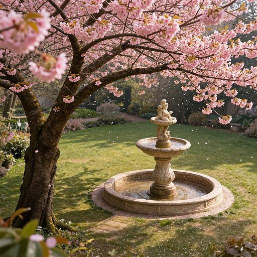Photograph of a stone fountain with a cherub statue, surrounded by a blooming cherry blossom tree, in a sunlit garden.