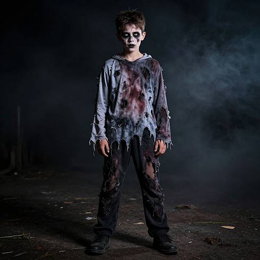 Photograph of a young boy with pale face paint, dark bloodstained shirt, and black pants, standing in a smoky, dark room.