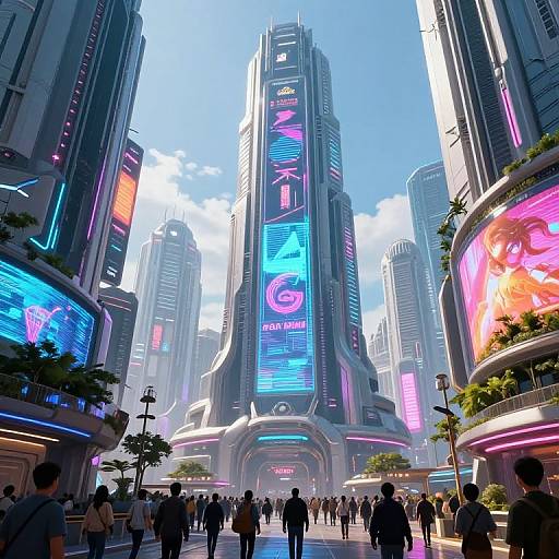 CGI image of a futuristic, neon-lit city street with towering skyscrapers, colorful digital billboards, and a bustling crowd under a clear