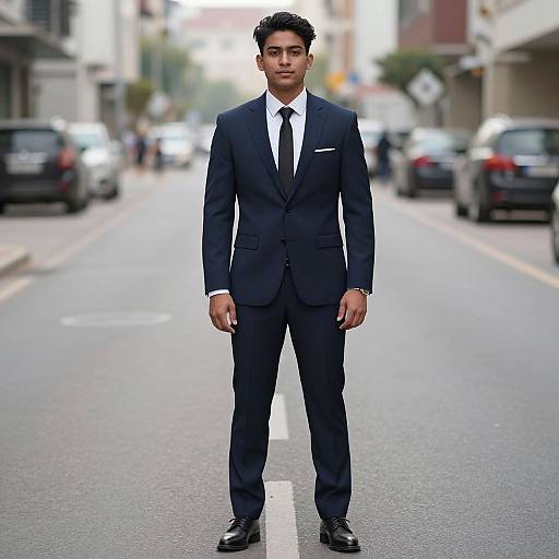 Photograph of a handsome young man with short, curly black hair, wearing a dark navy suit, white shirt, and black tie, standing confidently in