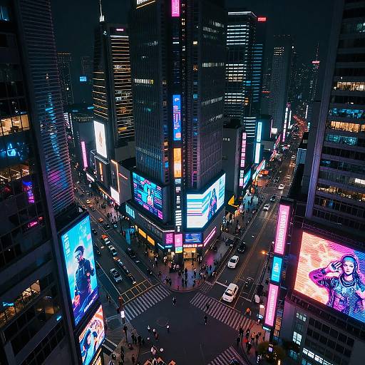 Photograph of a vibrant, neon-lit city intersection at night, showcasing colorful digital billboards, illuminated skyscrapers, and bustling pedestrians below.