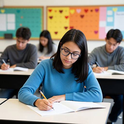 Photograph of focused Asian girl with black hair, glasses, and blue sweater writing in notebook, surrounded by classmates in classroom.