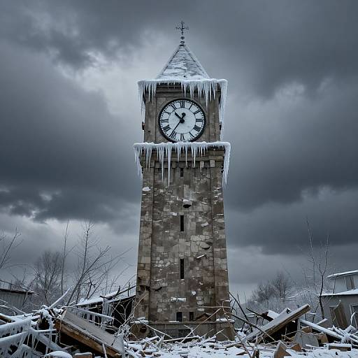 Photograph of a snow-covered, tall stone clock tower with icicles on its roof and sides, under a dark, cloudy sky. Debris surrounds