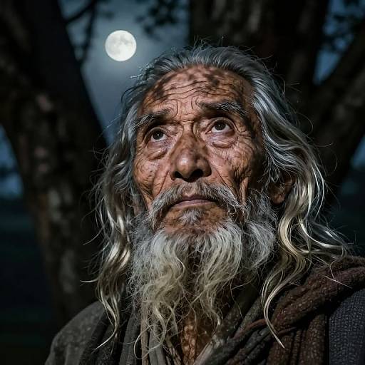 Photograph of an elderly, weathered man with long, white, wavy hair and beard, gazing upward at a full moon in a dark