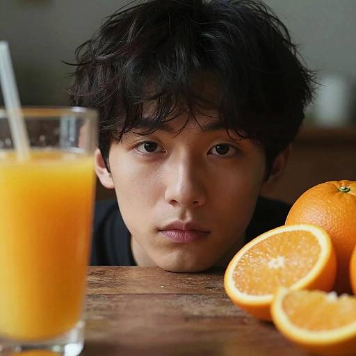 Young Man with Fresh Oranges and Juice