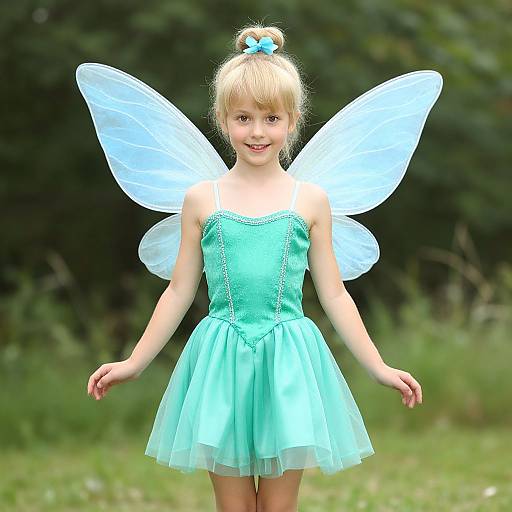 Photograph of a blonde girl with light blue fairy wings, wearing a mint green strapless tutu dress, standing in a grassy, green forest