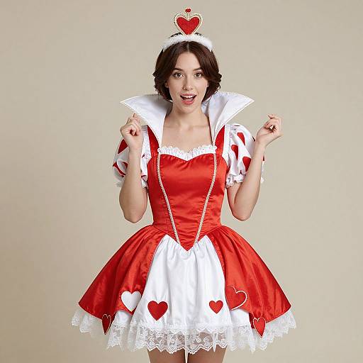 Photograph of a smiling woman in a red and white heart-patterned Alice in Wonderland-style dress with a heart-shaped tiara, white lace trim,