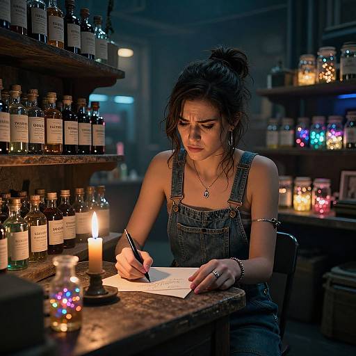 Photograph of a pensive woman with messy hair, wearing denim overalls, writing in a notebook by candlelight in a dimly lit, clutter