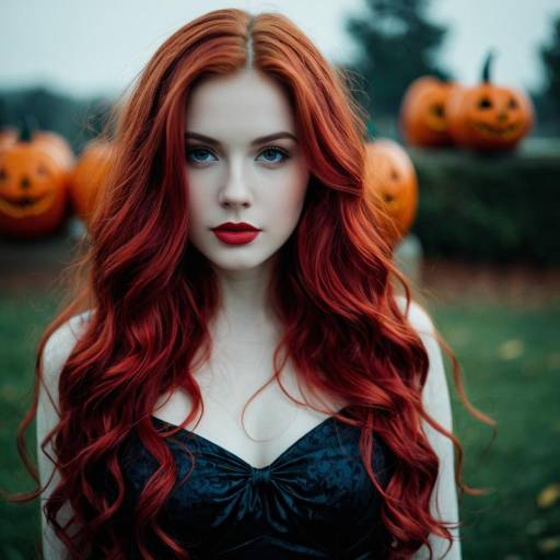 Red Haired Woman with Halloween Pumpkins